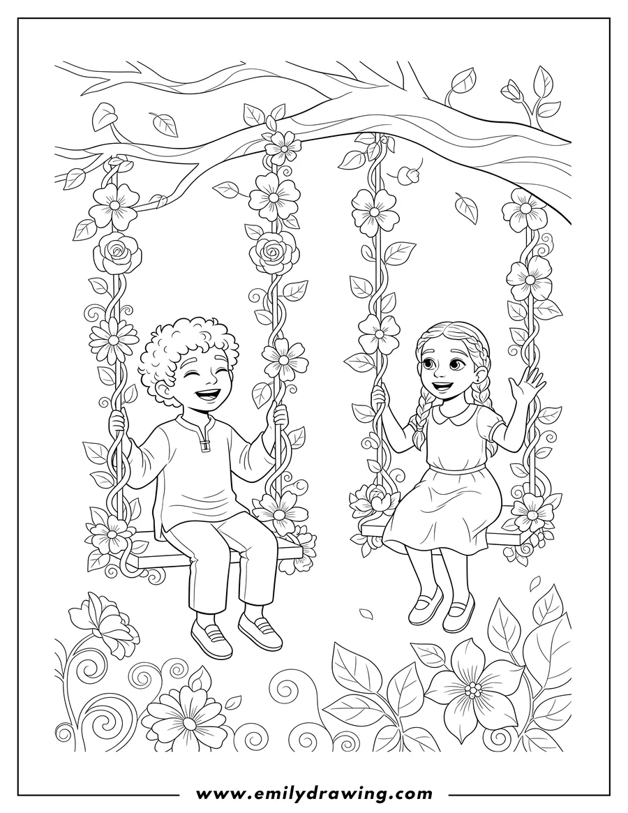 Simple sketch of musa and Aisha smiling while sitting on flowered vine swings to color