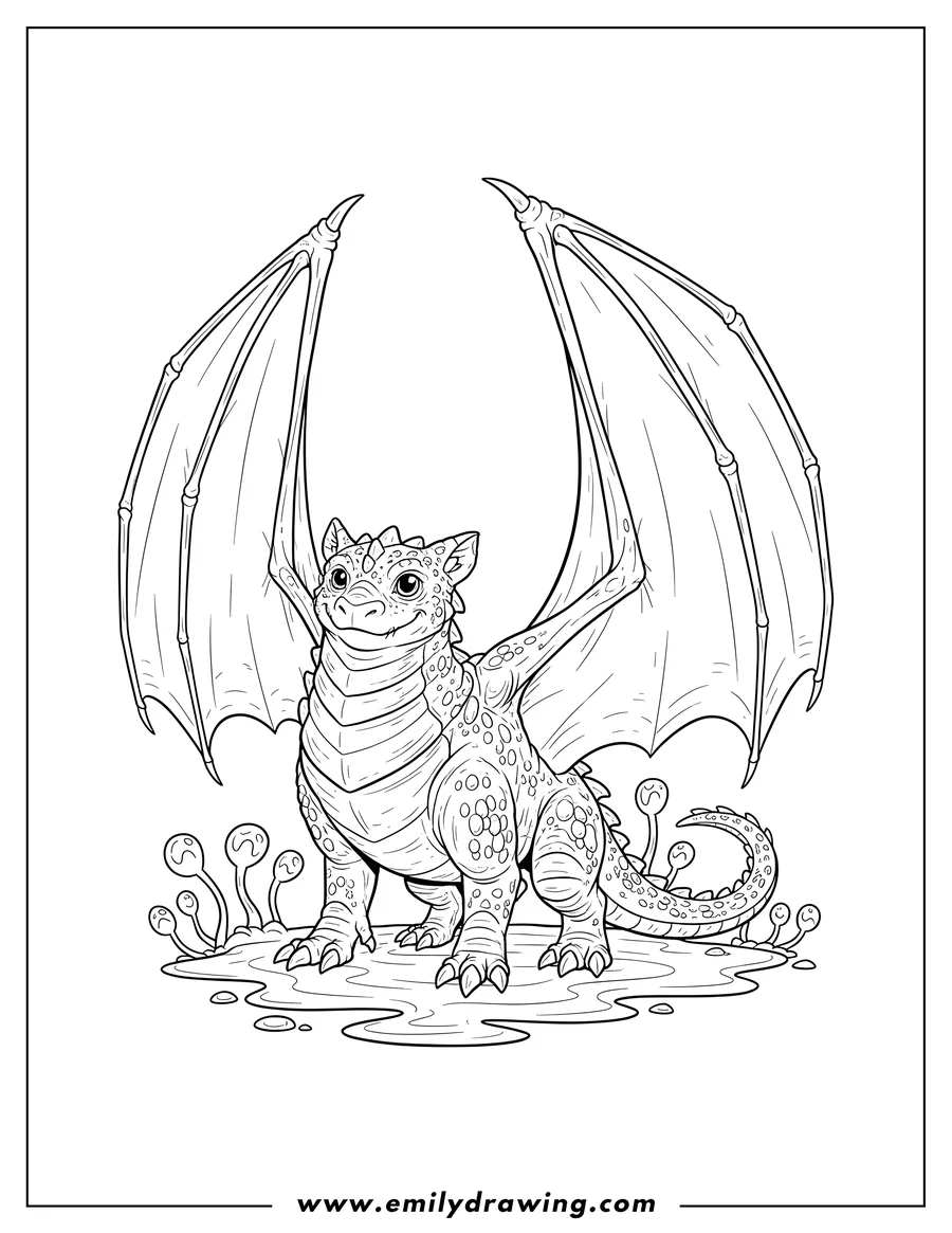 Printable line art of muskeg Mudwing standing with large wings