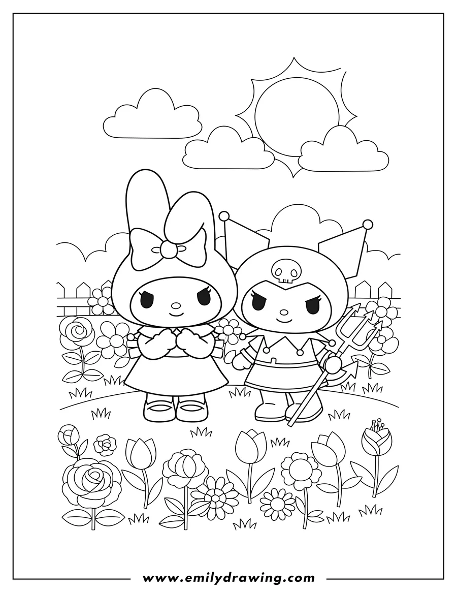 Downloadable coloring page of my Melody and Kuromi standing together in a garden with flowers