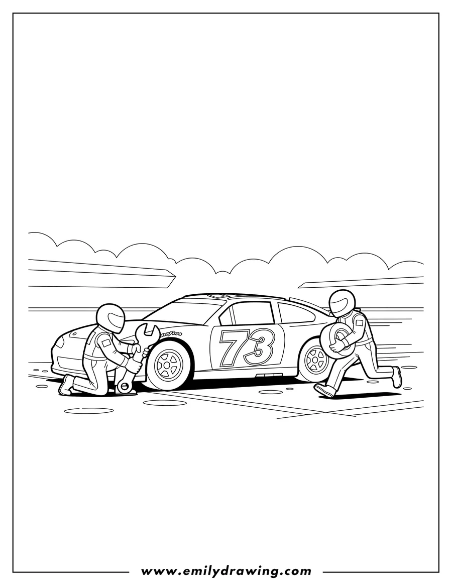 Printable line art of nascar Car Pit Stop During Race with two pit crew members, one holding a wrench and another running