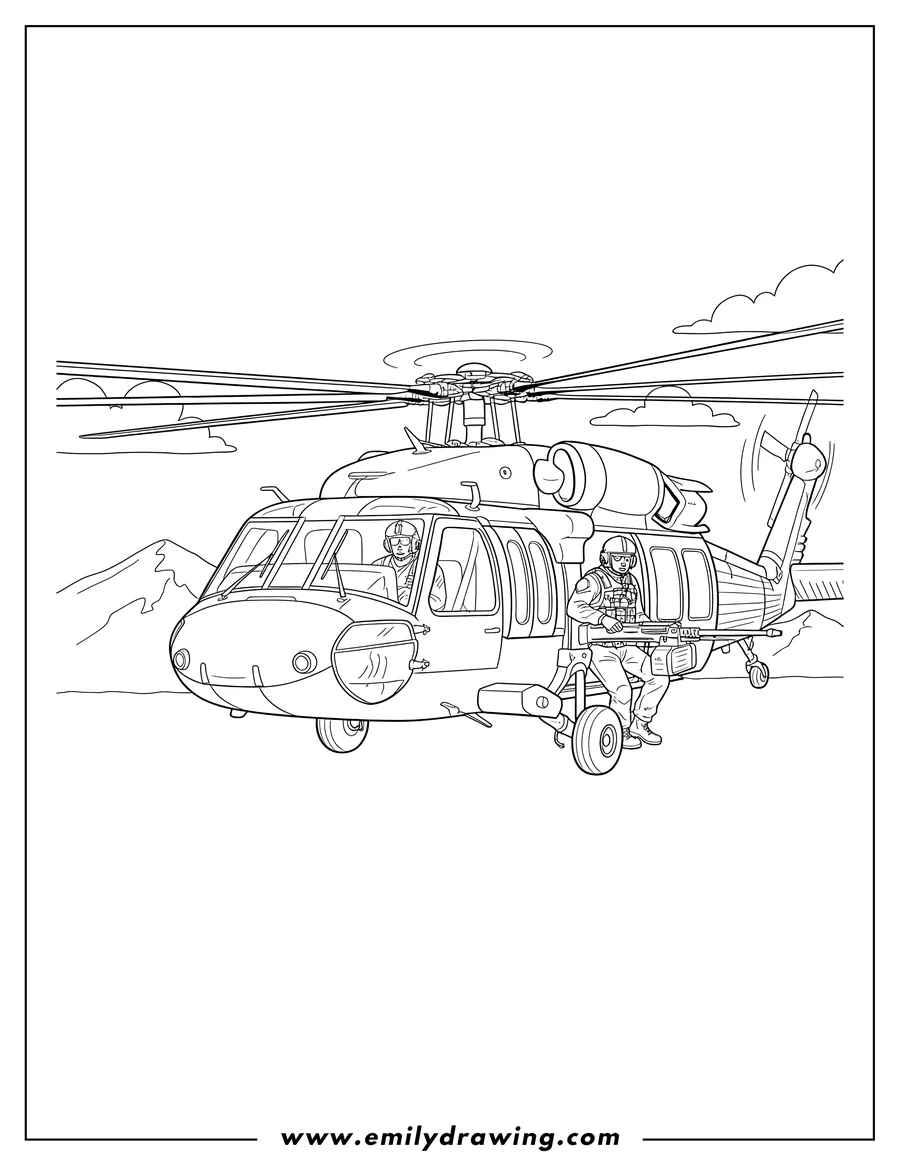 High quality printable navy Seals Helicopter flying with a pilot and a crew member looking out for coloring