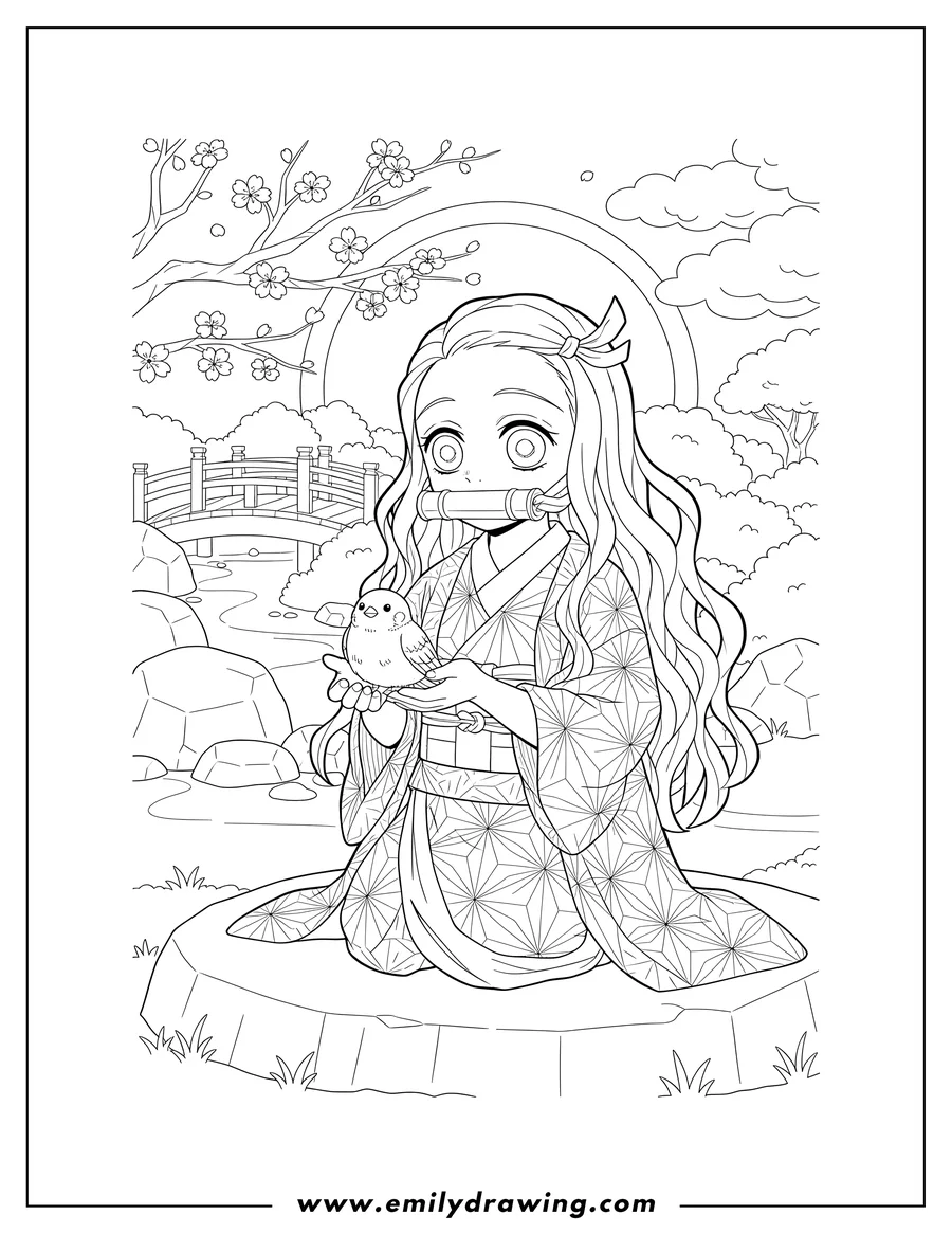 Free to print drawing of nezuko with a bamboo muzzle holding a small bird in a Japanese garden