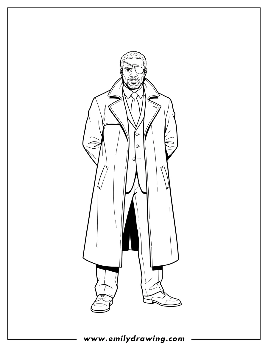 Printable line art of nick Fury From Avengers To Color, wearing a long coat with his hands behind his back