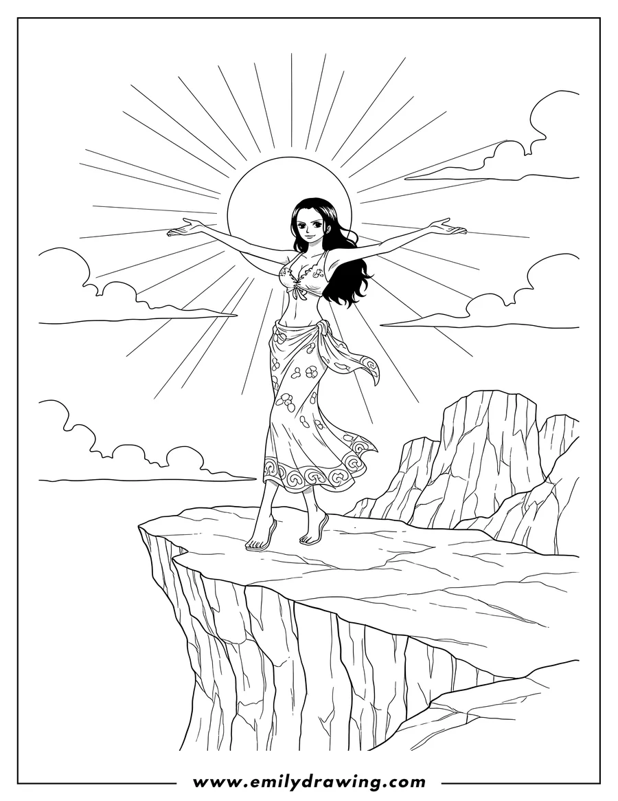 PDF style coloring page: nico Robin On Cliff, striking a pose, wearing a sarong