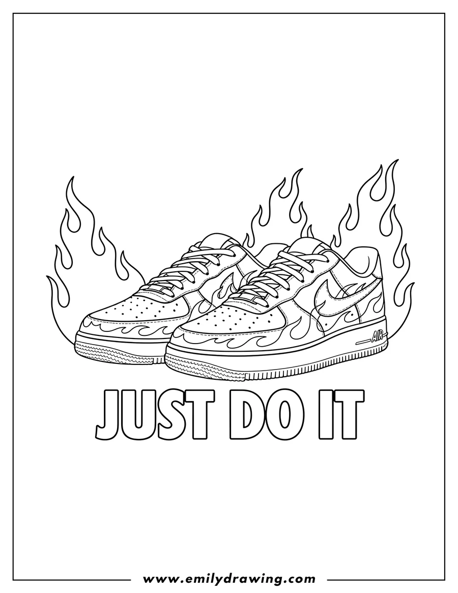 High quality printable two Nike Air Force 1 sneakers with flames and JUST DO IT text for coloring