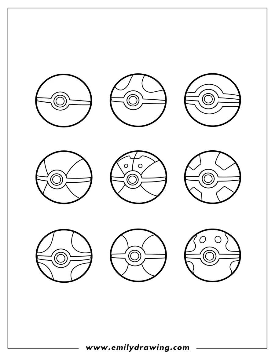 High quality printable nine distinct varieties of Poke Balls, arranged in rows for coloring