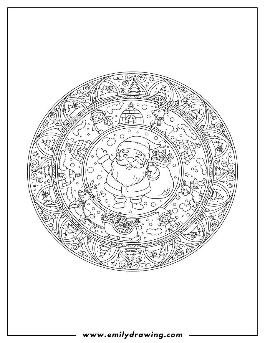 High quality printable north Pole Christmas Mandala With Santa, Penguins, Reindeer, Elves, Igloos, and Sleigh for coloring