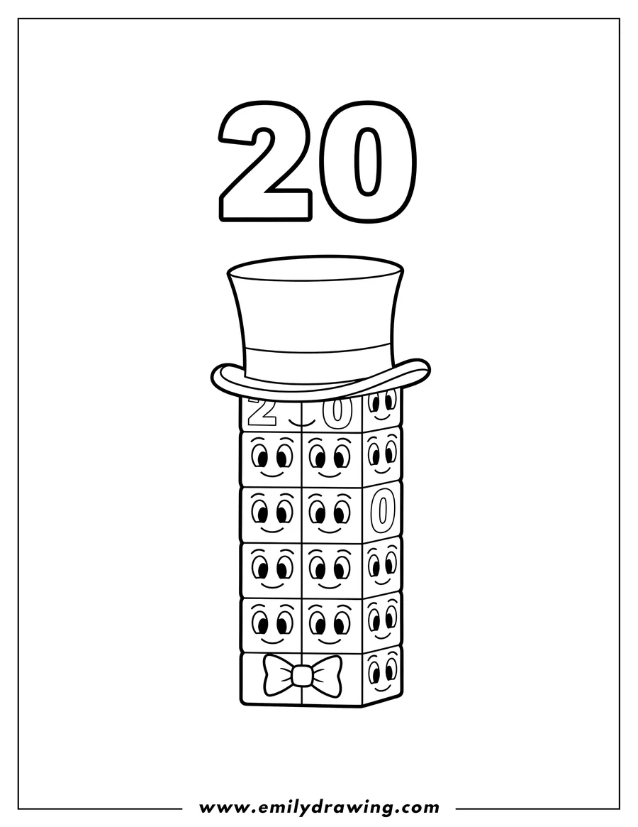 Linear illustration of numberblocks 20 standing with a hat and bowtie, and the number '20' above its head