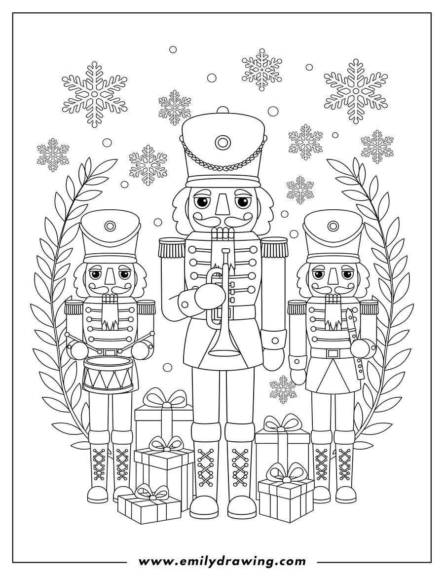Downloadable coloring page of nutcracker Guards standing, holding musical instruments, with gifts at their feet, against a Laurels And Snowflakes Background