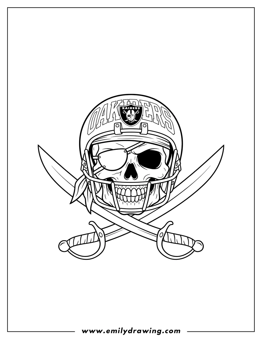 Printable line art of oakland Raiders coloring page: pirate logo with helmet, eyepatch, and crossed swords