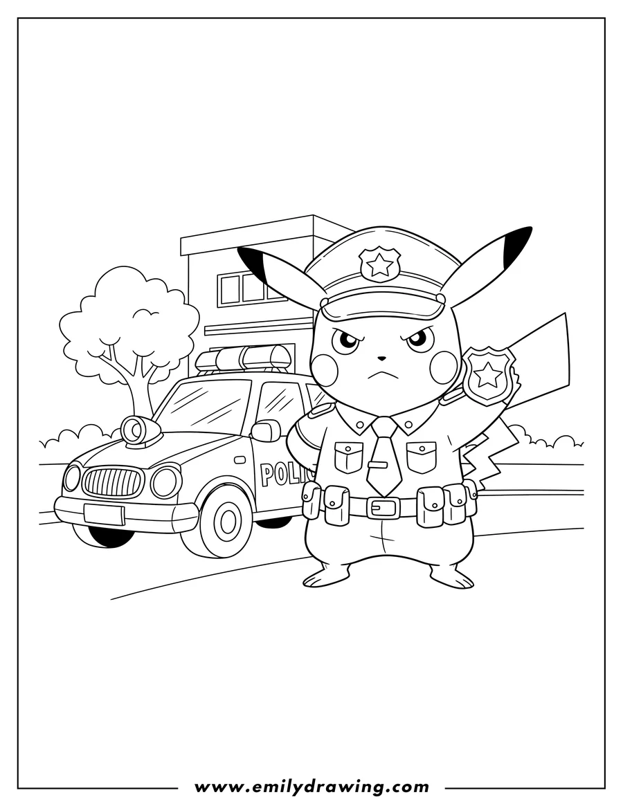 High quality printable officer Pikachu wearing a police uniform with a stern expression, holding a badge, standing outside a police car for coloring