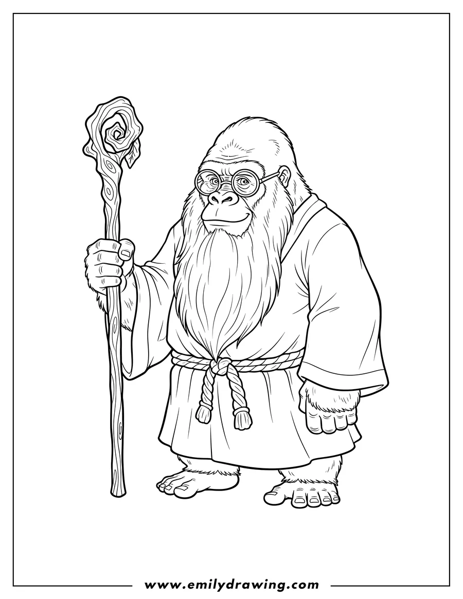 Coloring sheet featuring old Man Kong wearing glasses, with a long beard, holding a staff