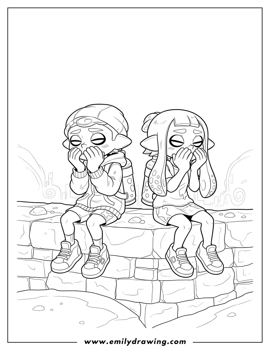 Printable line art of orange Inkling Boy and Blue Inkling Girl sitting on a ledge, resting with hands held to their faces after battle