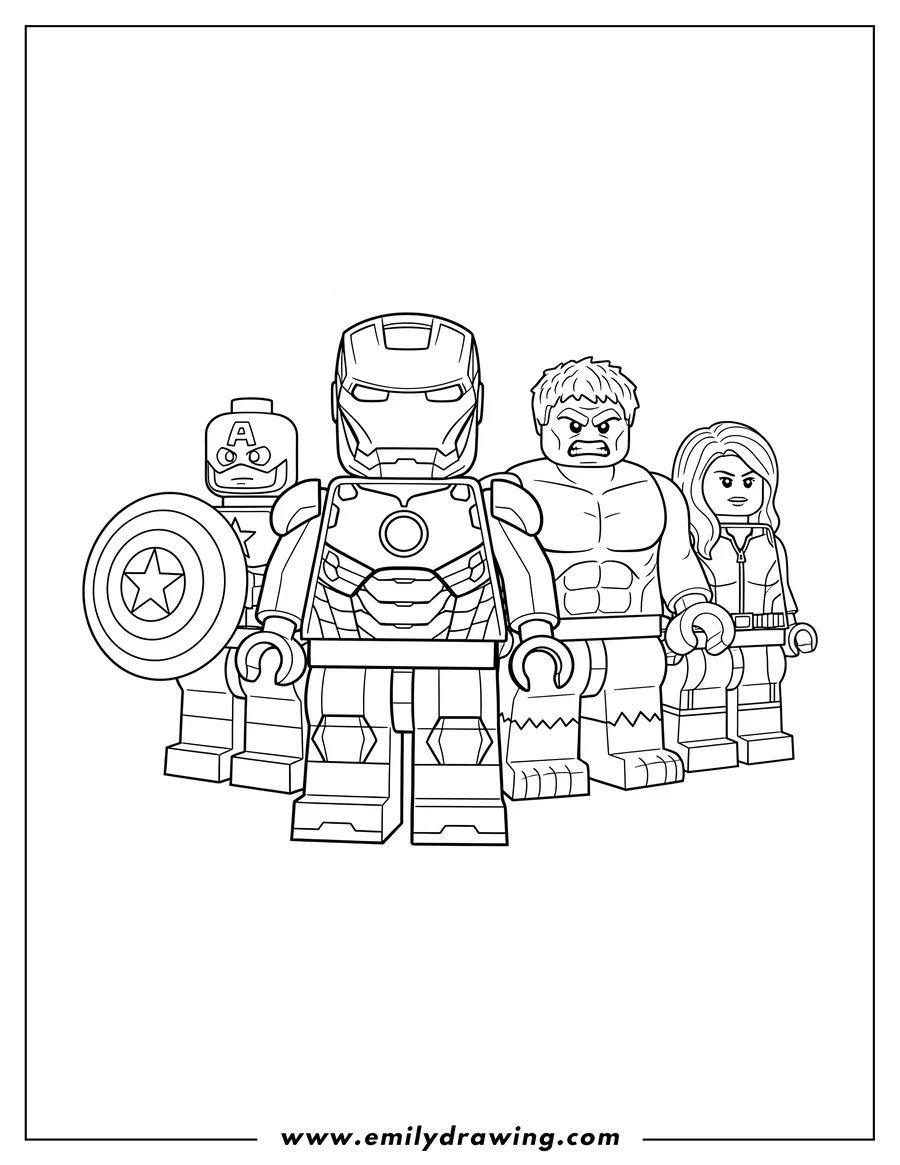 Full page coloring image of original Lego Avengers Iron Man, Captain America holding his shield, an angry Hulk, and Black Widow, all standing together