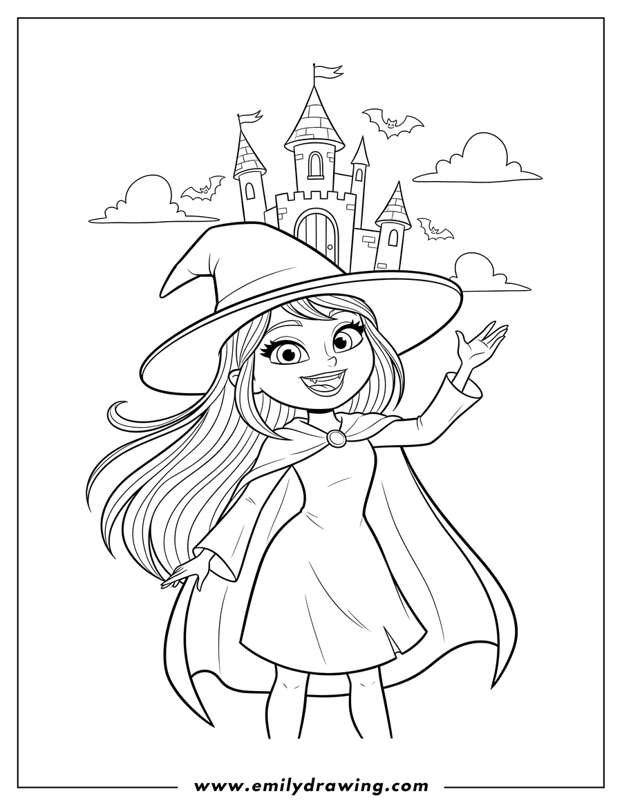 Downloadable coloring page of oxana Hauntley smiling and gesturing, standing in front of a castle