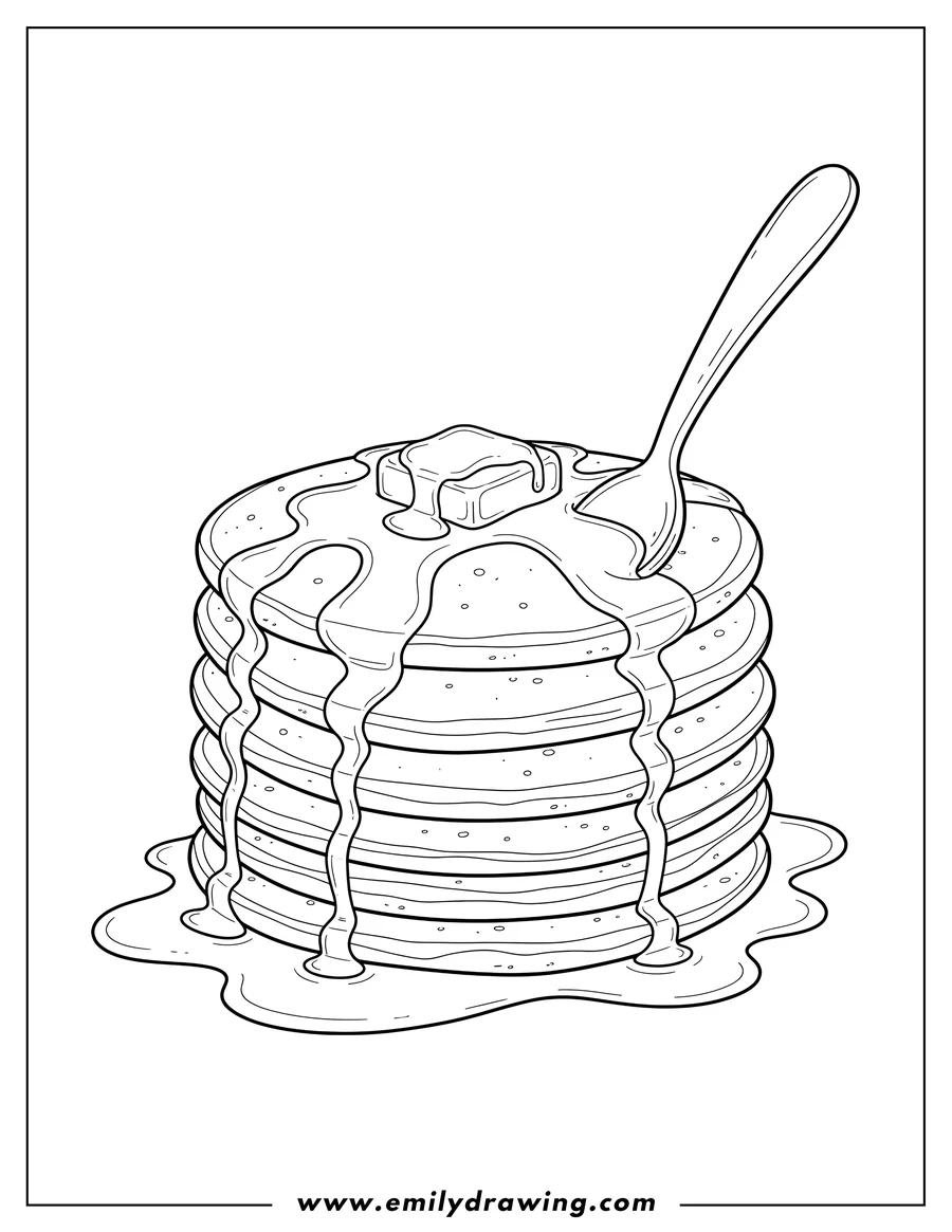 Simple sketch of pancakes Scaled with butter, dripping syrup, and a spoon to color