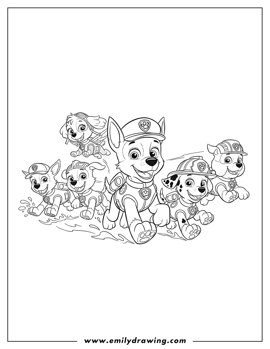 Black and white line art of paw Patrol Scaled, a group of pups running and smiling