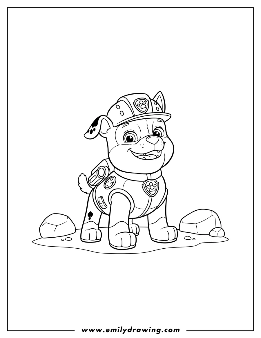 Simple sketch of paw Patrol Rubble Dog in his armored construction gear, standing and smiling brightly to color