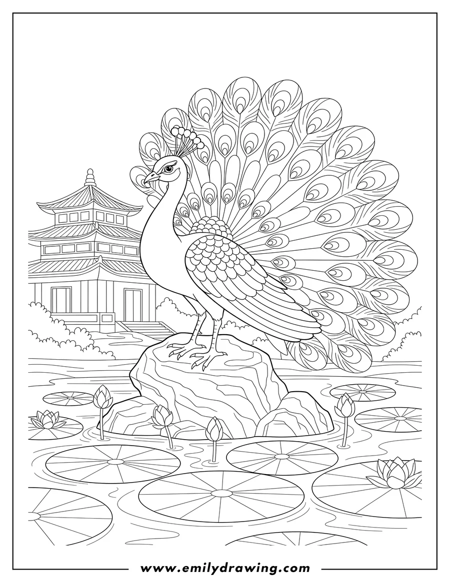 Full page coloring image of peacock with crested head standing on a rock by lotus pond with lily pads and temple background Adults