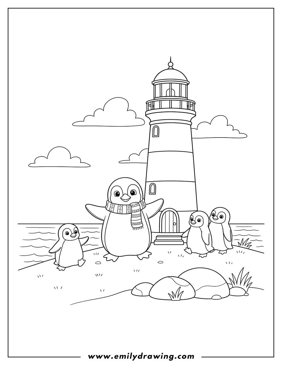Outline drawing of penguins standing and walking outside a lighthouse