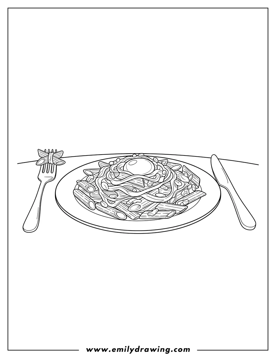 Downloadable coloring page of penne pasta carbonara on a plate, with a fork and knife