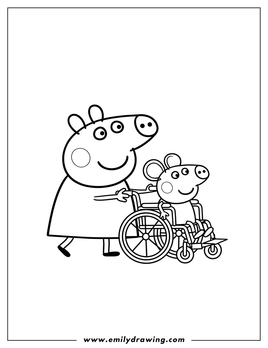 PDF style coloring page: peppa Pig And Many Mouse Scaled, with Peppa pushing the mouse character in a wheelchair, both smiling