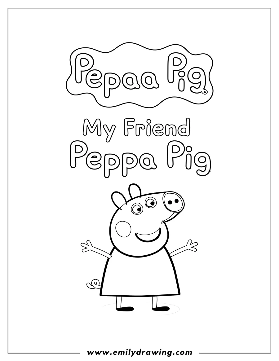 Free to print drawing of peppa Pig Logo Toddlers Scaled, Peppa Pig smiling with open arms, featuring My Friend Peppa Pig title