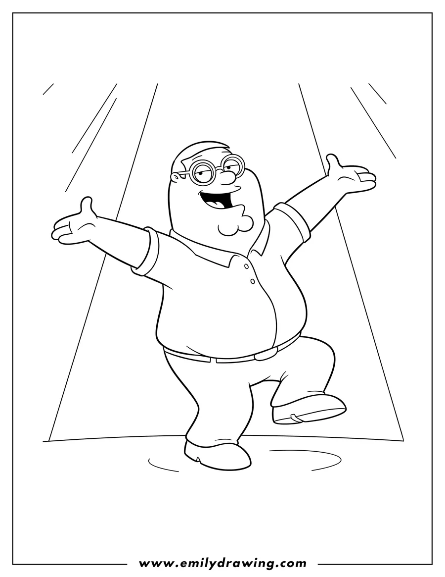 Coloring page of family Guy Peter Griffin dancing on tiptoes, with his arms outstretched and a wide, smiling face, wearing glasses