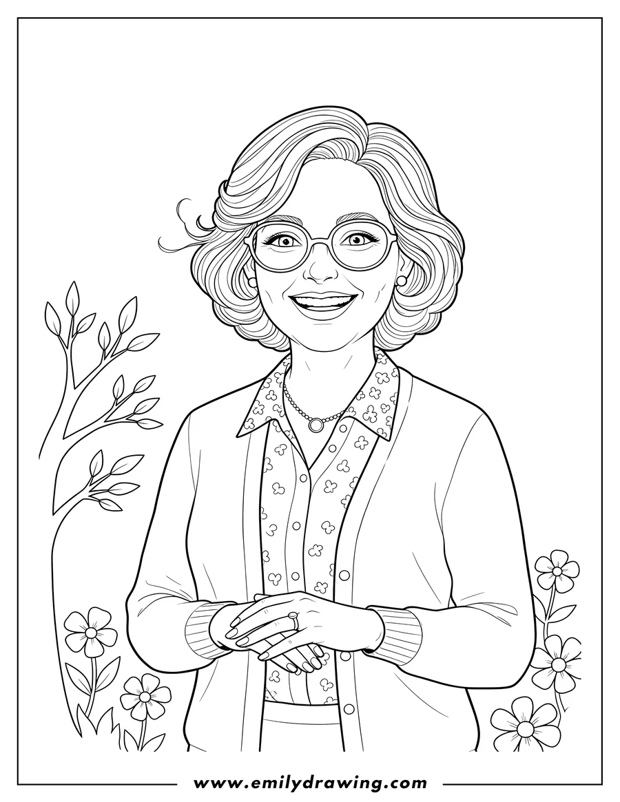 Downloadable coloring page of phyllis Lapis Vance smiling, wearing glasses, with hands clasped
