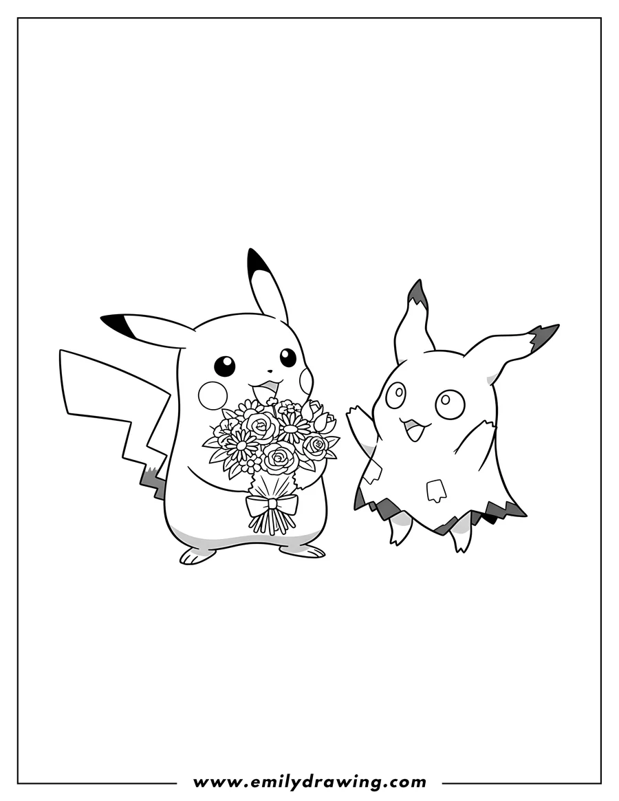 Printable coloring page of pikachu giving Mimikyu a bouquet of flowers, looking at each other
