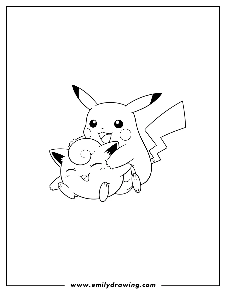 Black and white line art of pikachu hugging Jigglypuff, with Pikachu on top and Jigglypuff lying down, playfully