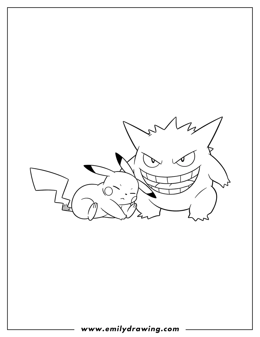 PDF style coloring page: pikachu Sleeping Leaning on a Smirking Gengar