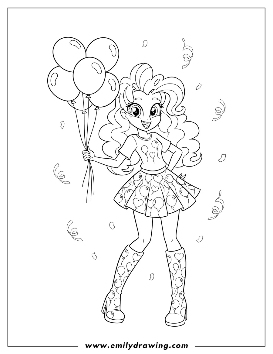 Printable coloring page of pinkie Pie Equestria Girls smiling and standing, wearing a skirt with balloons