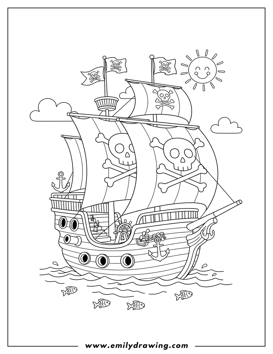 PDF style coloring page: cartoon Pirate Ship with Skull and Crossbones Sails and Flags on a Calm Sea