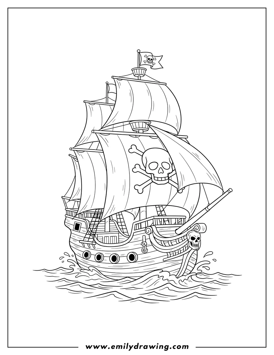 Free to print drawing of pirate Ship Scaled with sails, skull and crossbones, on the ocean