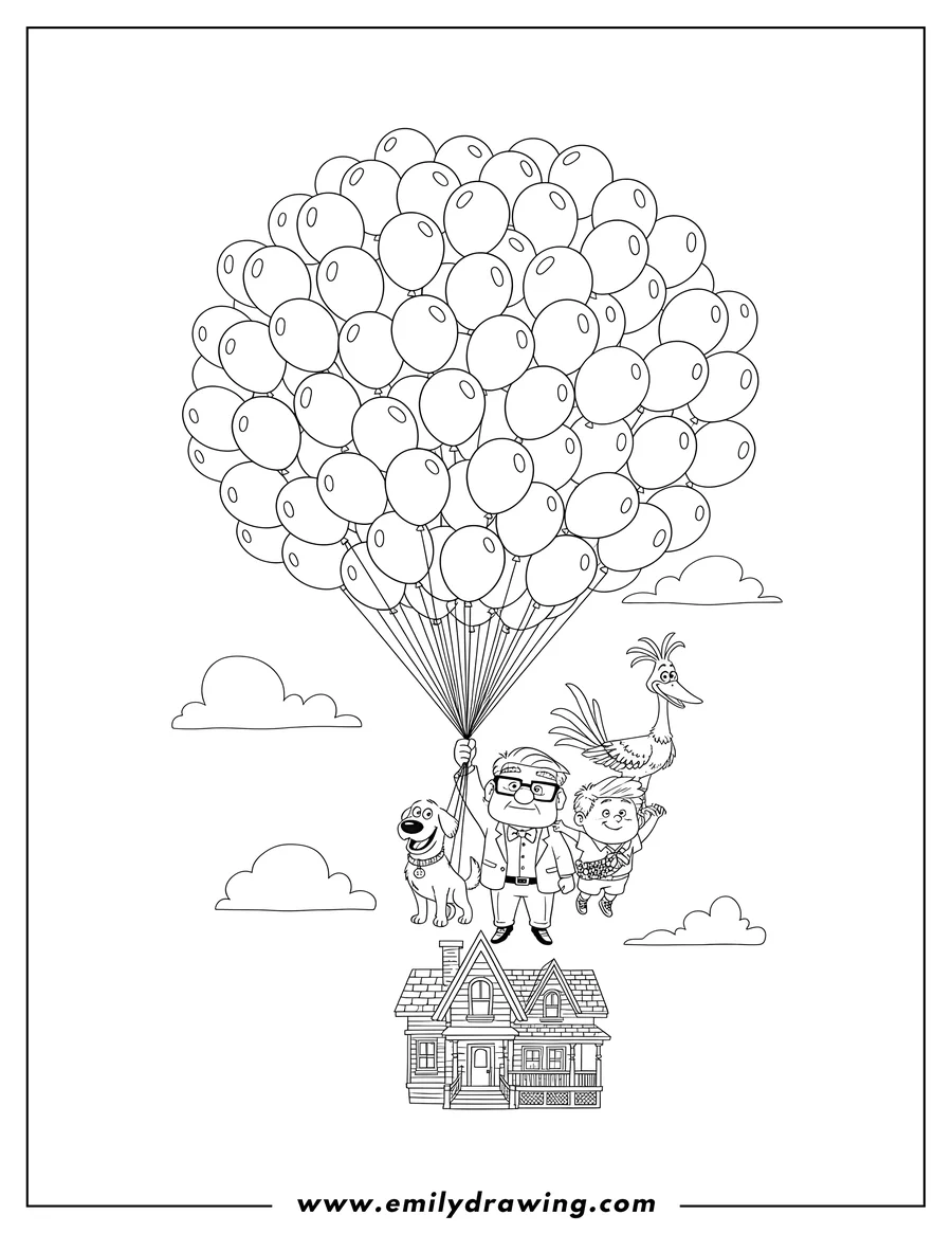 Simple sketch of pixar Disney Up: Carl, Russell, Dug, and Kevin flying with balloons to color
