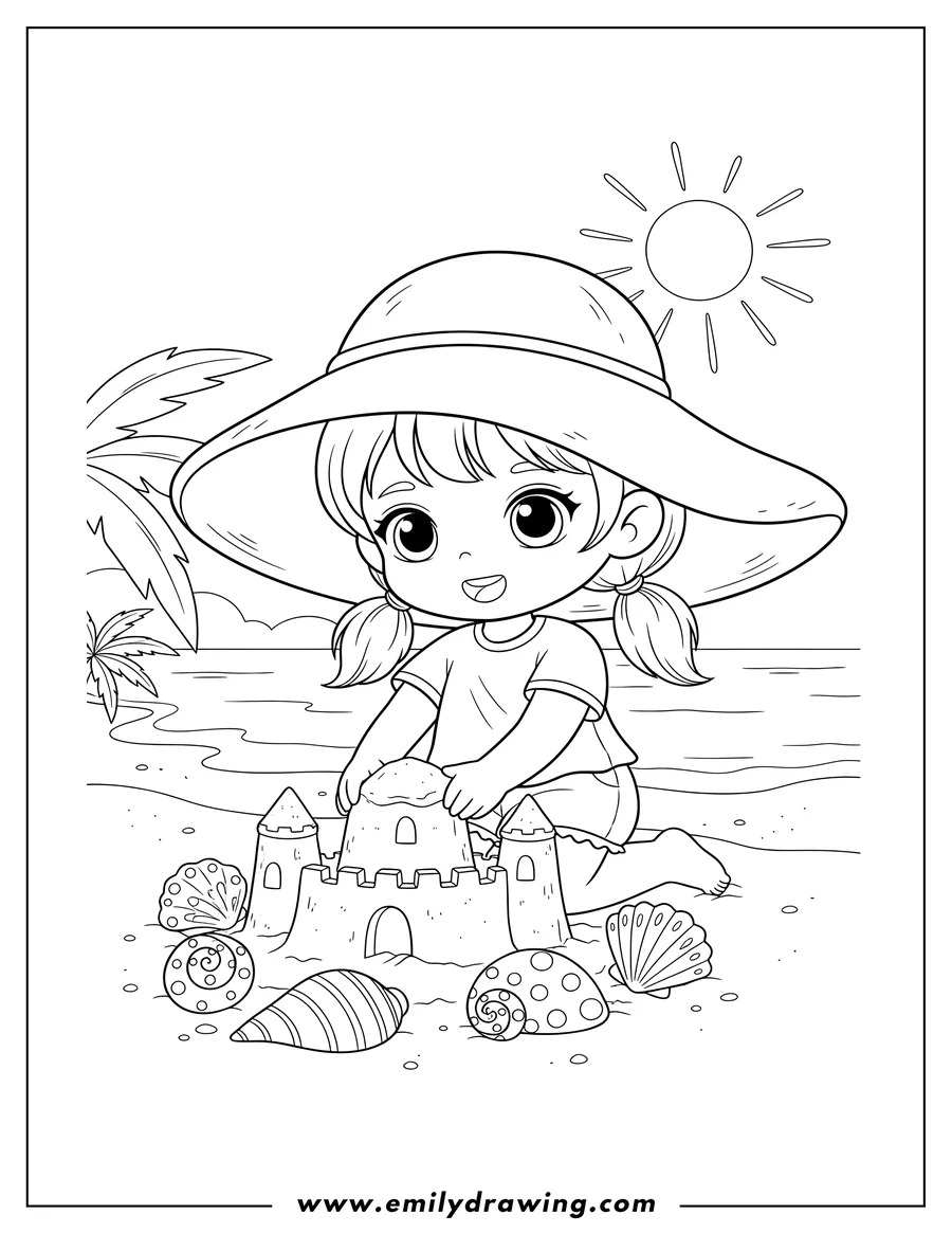 Linear illustration of playful Chibi Girl wearing a hat, building a sandcastle with seashells on the beach