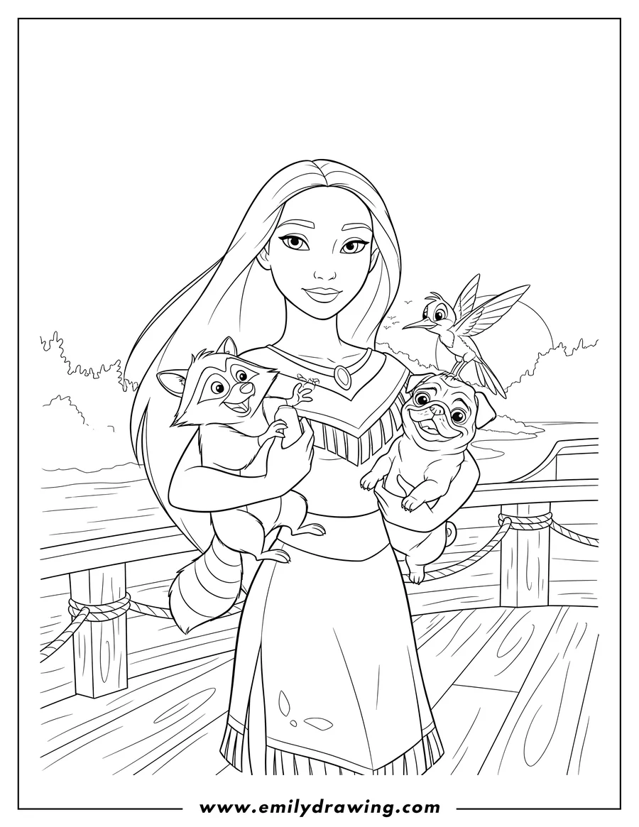 Coloring page of pocahontas holding Meeko and Percy, with Flit on her shoulder, on port