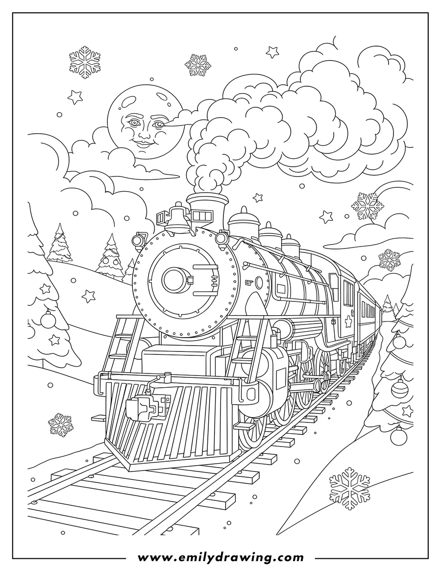 High quality printable polar Express steam locomotive smoking, in a snowy Christmas scene, coloring page for coloring
