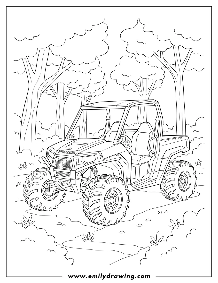PDF style coloring page: polaris side-by-side UTV with large, rugged tires parked in a forest clearing