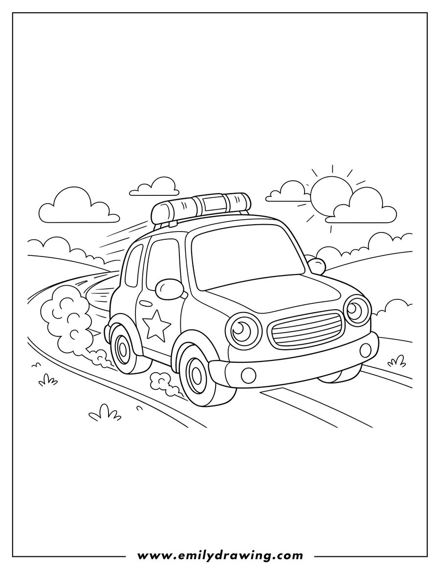 Vector style outline of cute Police Car Speeding On Road with a light bar and star emblems