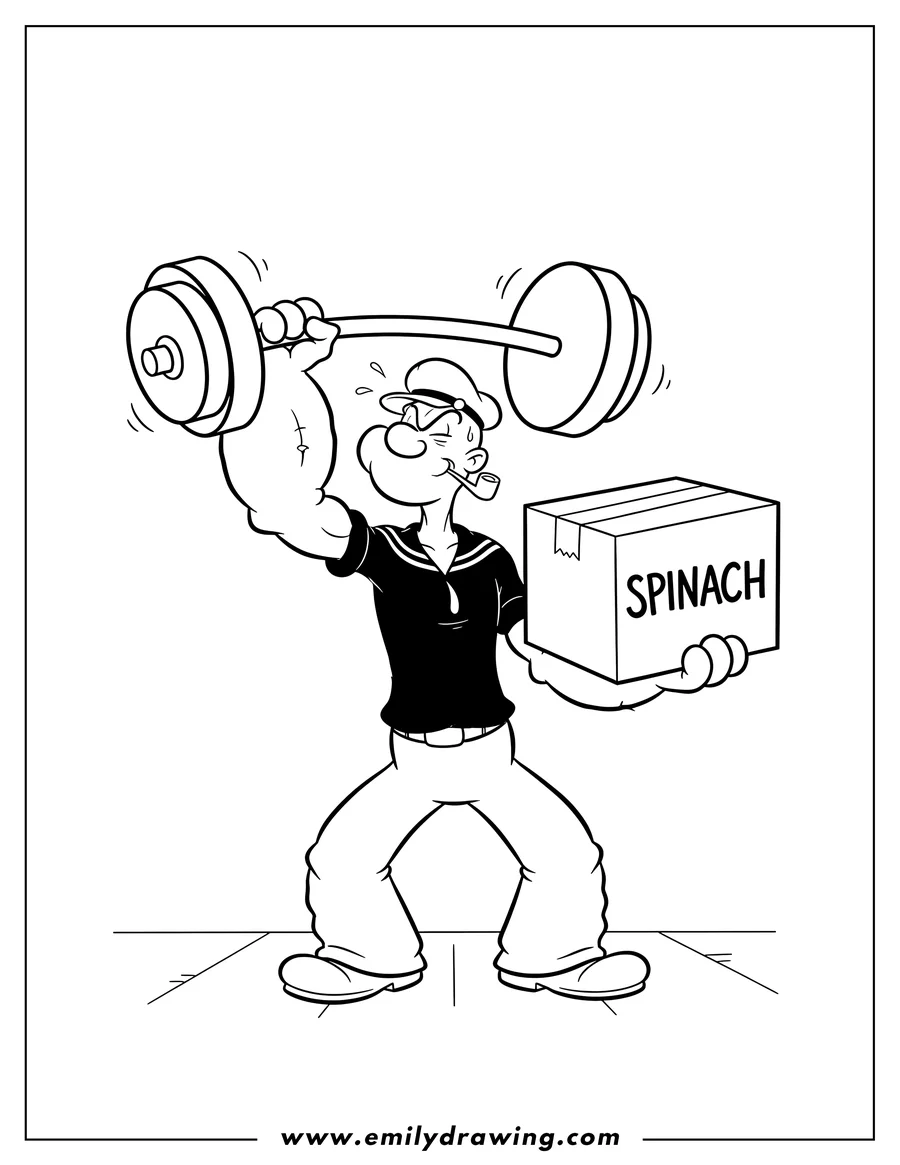 Free printable coloring sheet of popeye lifting a barbell overhead and holding a heavy box