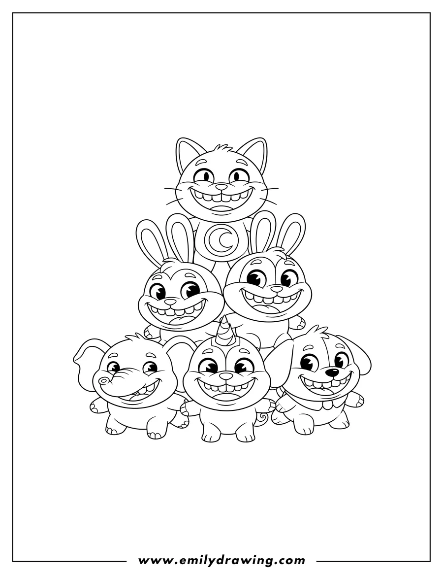 Outline drawing of poppy Playtime Smiling Critters stacked in a pyramid, all smiling widely