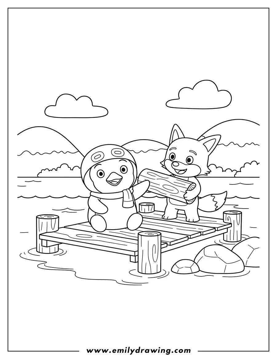 Free to print drawing of pororo and Eddy playing by the water, Pororo sitting on a dock, Eddy with a log