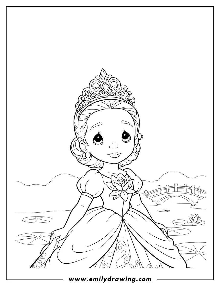 Printable line art of precious Moments Princess Tiana with a detailed crown and a flower on her dress, looking up