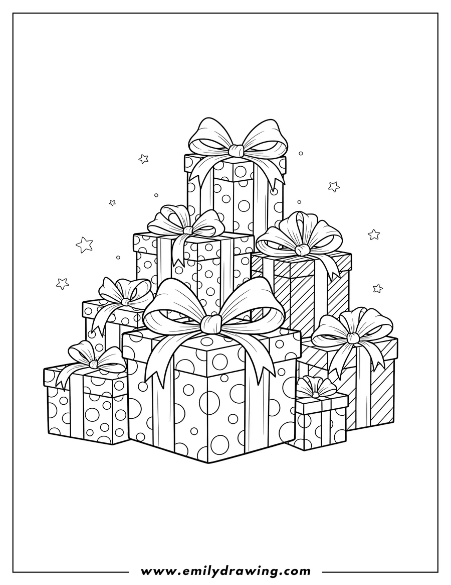 Downloadable coloring page of christmas Presents Wrapped With Bows Scaled, with polka dot and zigzag patterns