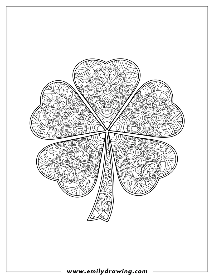Free printable coloring sheet of pretty four-leaf clover with intricate mandala patterns, coloring page
