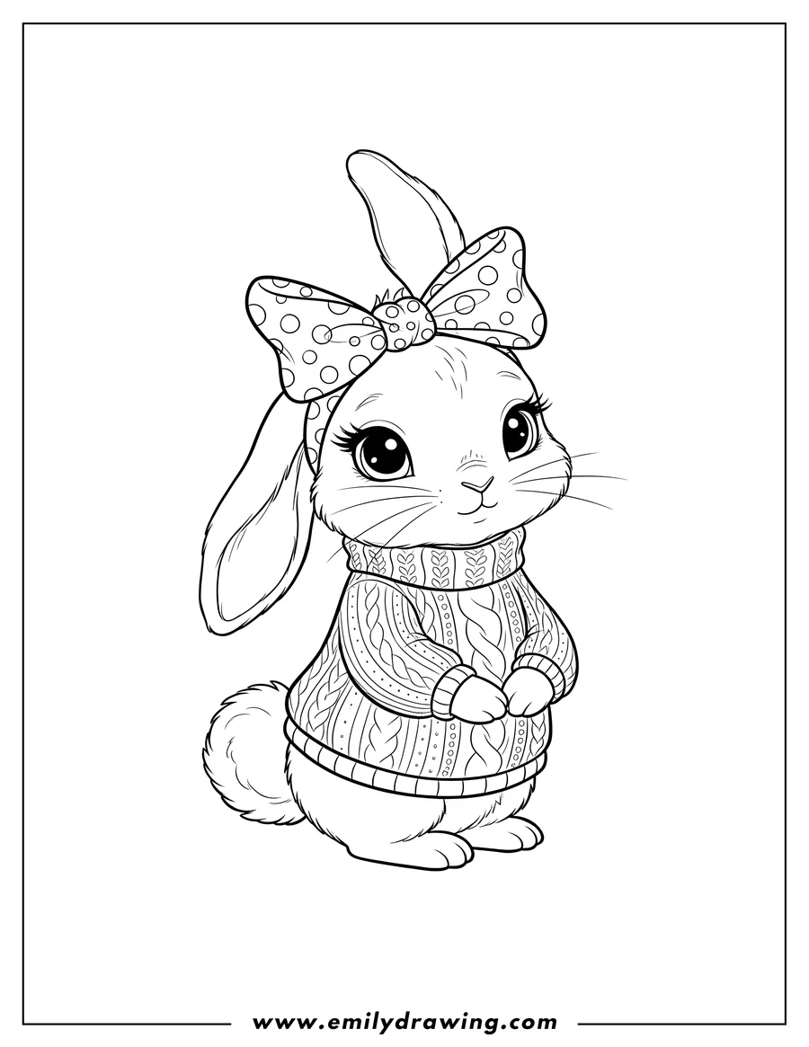 High quality printable pretty Little Rabbit With Bow On Her Head, wearing a sweater for coloring