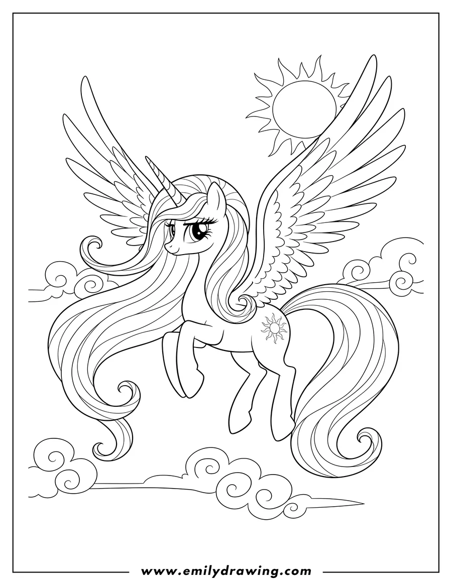 Downloadable coloring page of princess Celestia, with a unicorn horn and spread wings, flying with her flowing mane in the sky