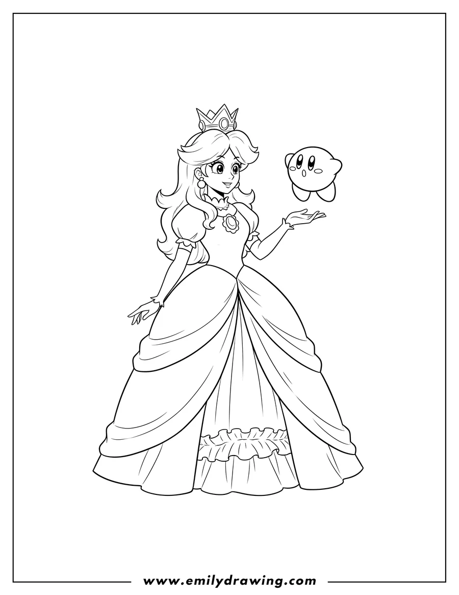 Linear illustration of princess Daisy in a long dress and crown with Kirby looking curious